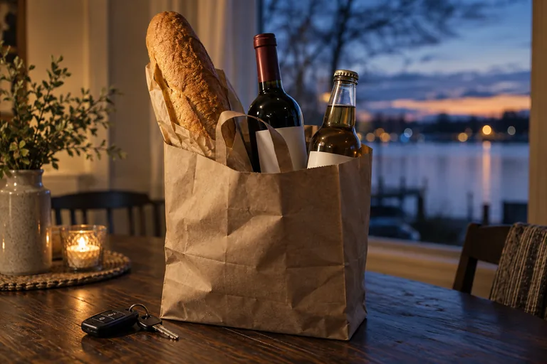 A paper shopping bag and car keys in warm light at dusk.