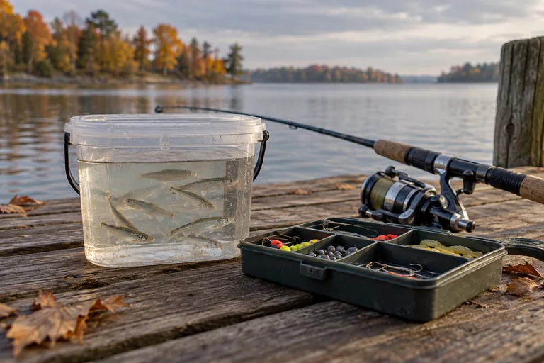 Minnows and perch-fishing tackle on a dock in autumn.