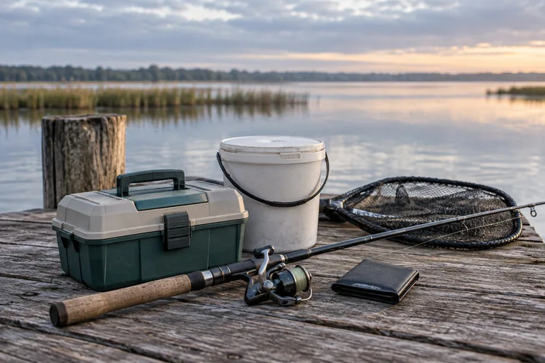 A tackle box, bait bucket, spinning rod, and landing net on a dock.