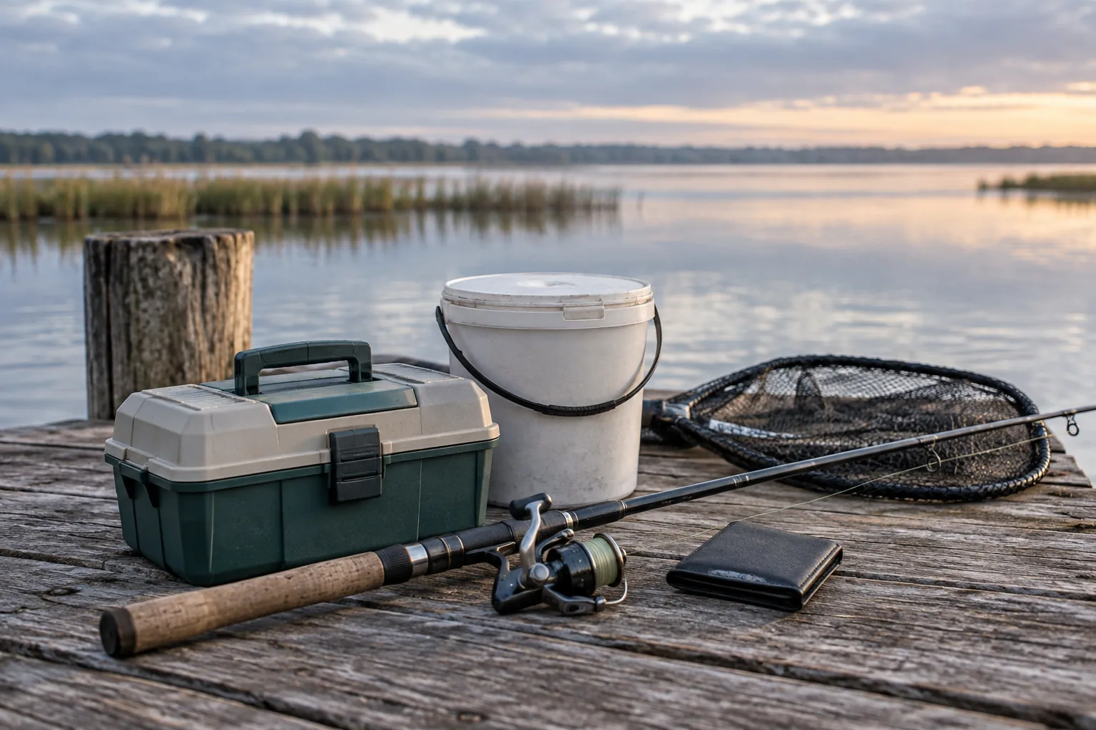 A tackle box, bait bucket, spinning rod, and landing net on a dock.