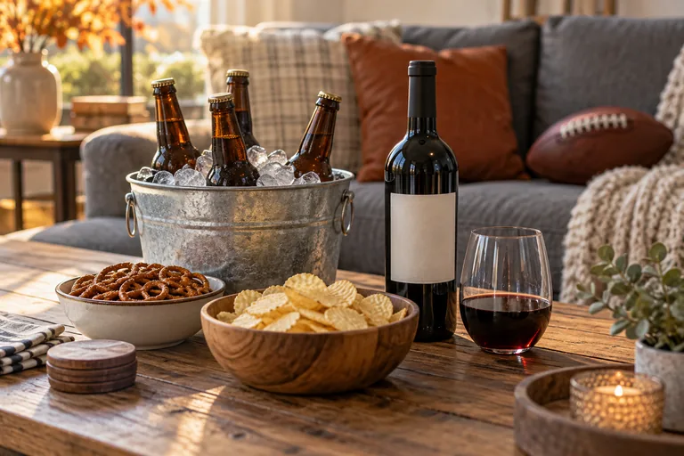 Beer, wine, pretzels, and chips arranged for a game-day gathering.
