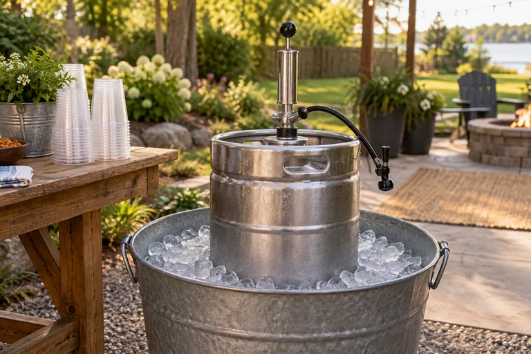 A stainless steel keg chilling in an ice-filled tub beside stacked cups.