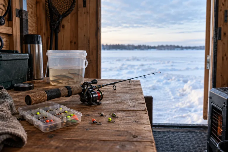 Short ice-fishing rod, bait bucket, and jigs inside a winter shelter.