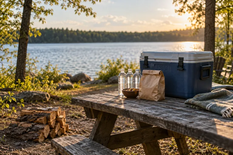 A cooler, water bottles, snacks, and firewood at a lakeside picnic spot.