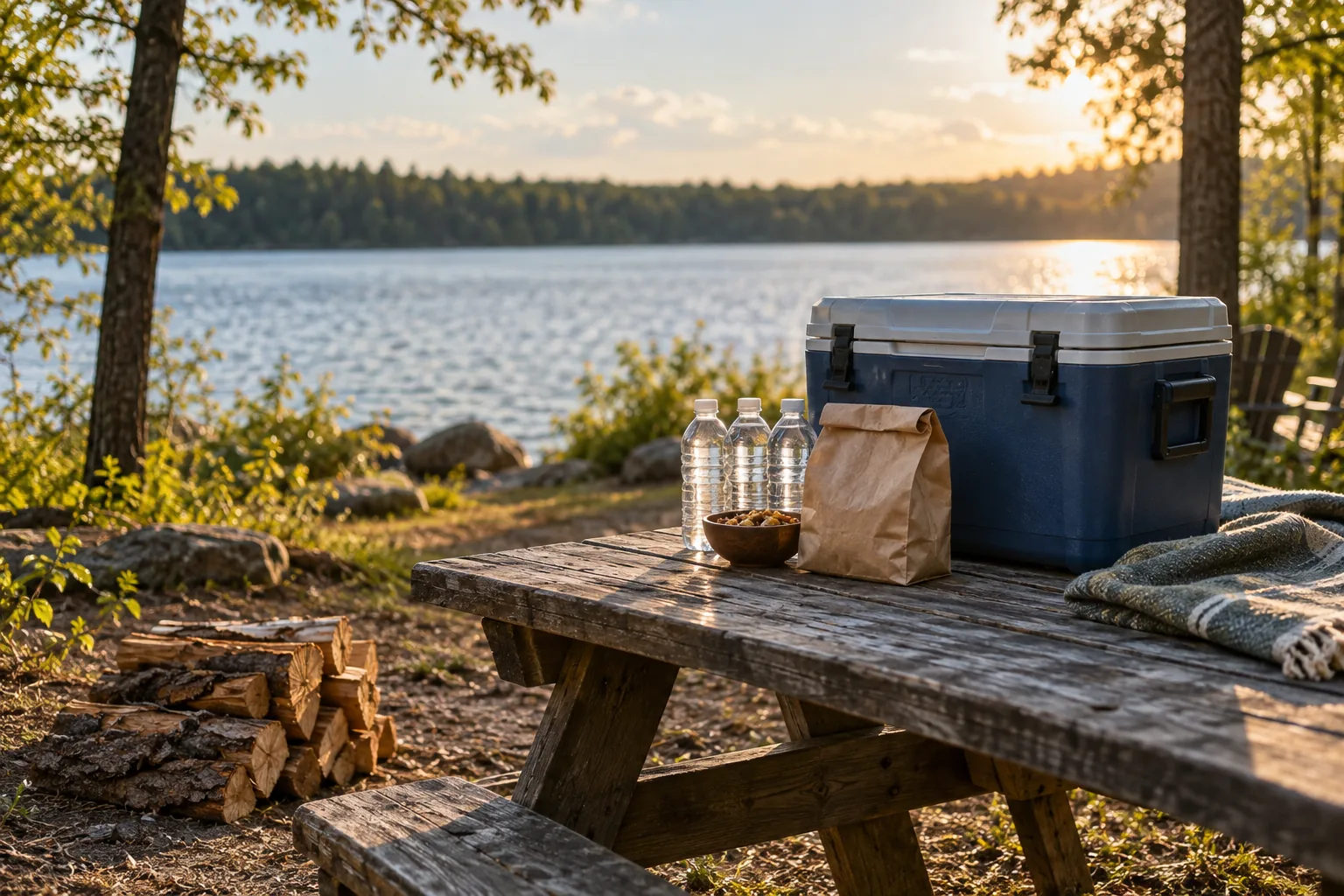 A cooler, water bottles, snacks, and firewood at a lakeside picnic spot.