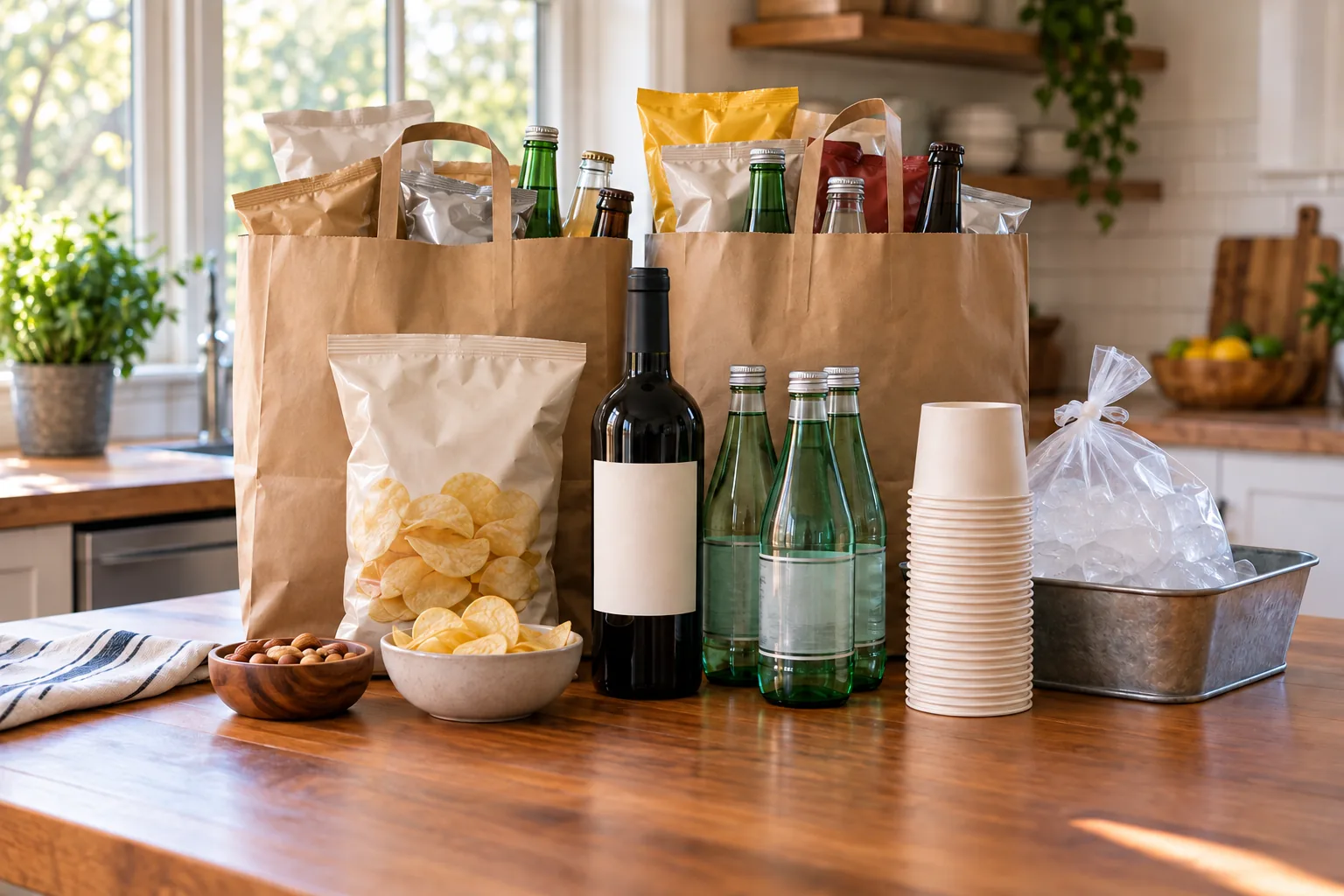 Grocery bags, beverages, snacks, cups, and ice on a kitchen counter.