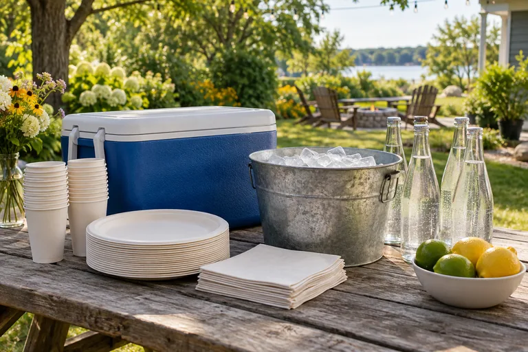 Cups, plates, napkins, ice, and a cooler ready for a backyard party.
