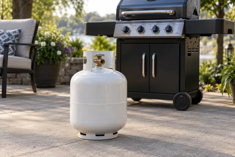 An upright white propane cylinder beside a closed backyard grill.
