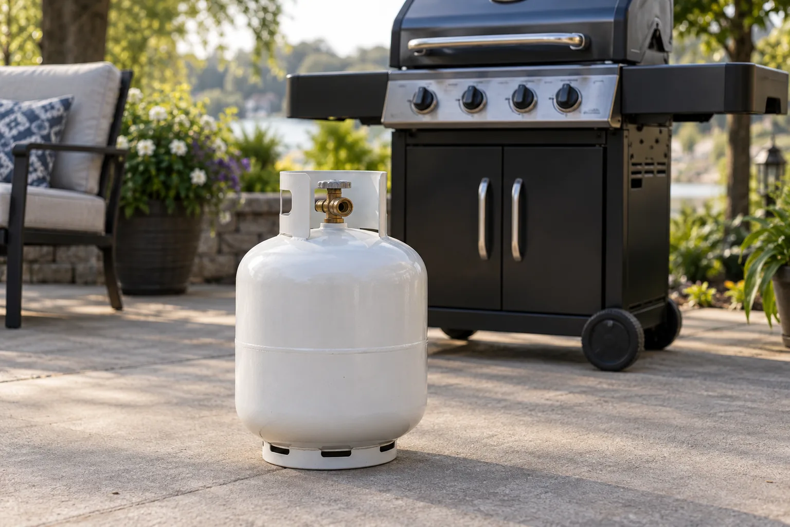 An upright white propane cylinder beside a closed backyard grill.