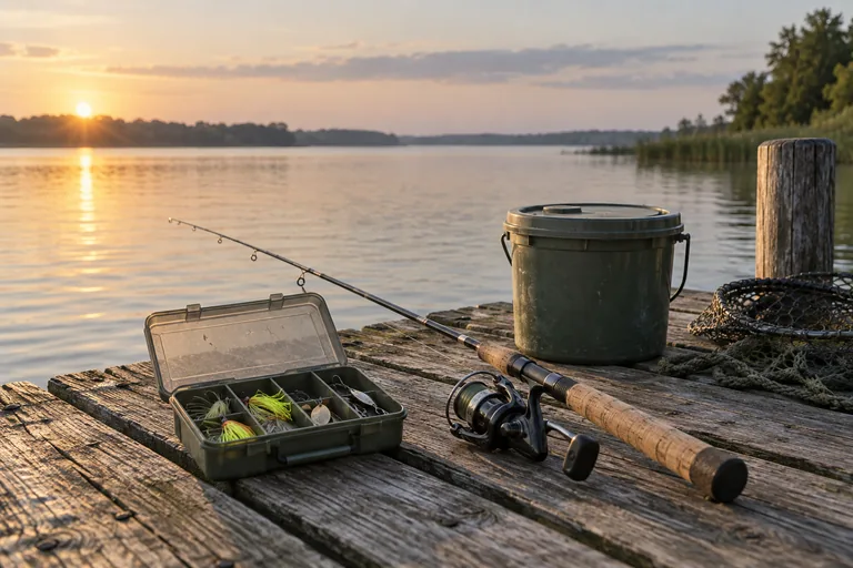 Fishing rod, bait bucket, and tackle on a dock beside a calm bay.