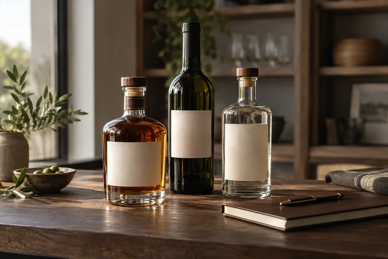 Three unbranded beverage bottles beside a notebook and pen.