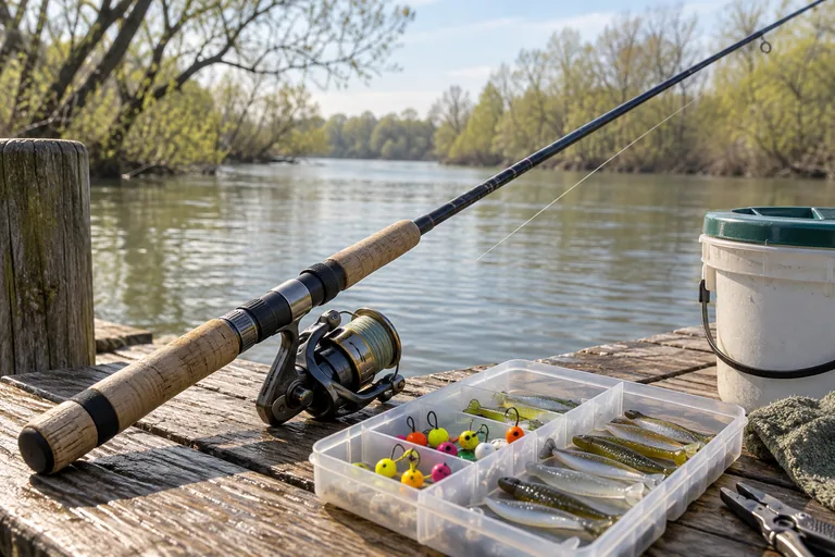 Jigs, minnow-shaped lures, and a spinning rod beside a spring river.