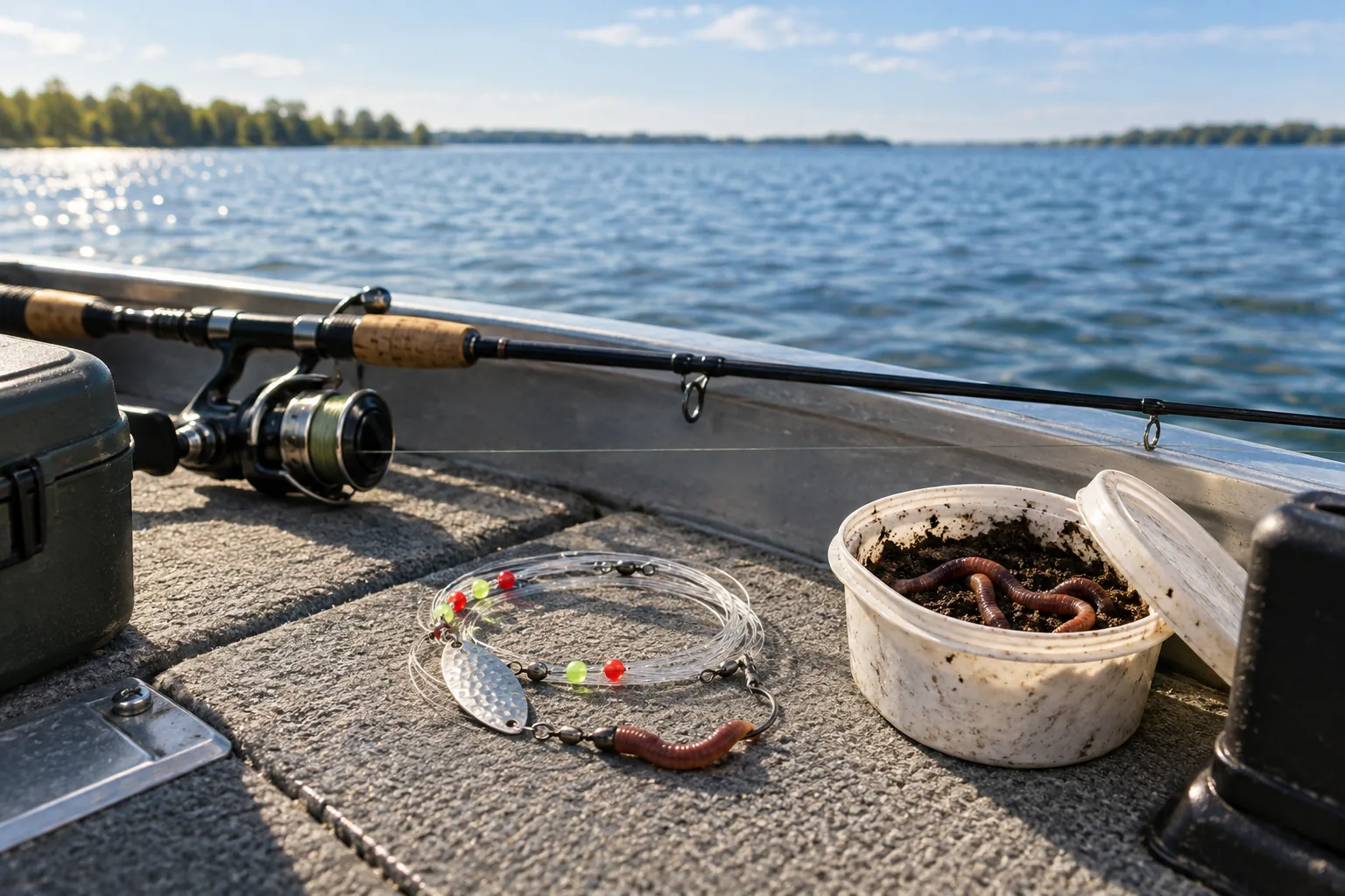 Nightcrawlers, a spinner harness, and a fishing rod on a boat deck.