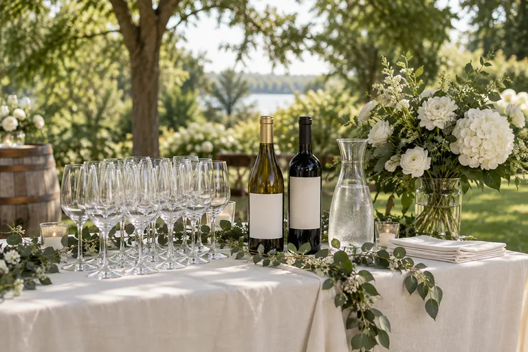 Wine glasses, bottles, water, and white flowers on a wedding beverage table.