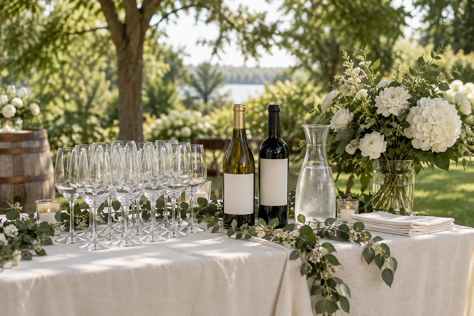 Wine glasses, bottles, water, and white flowers on a wedding beverage table.